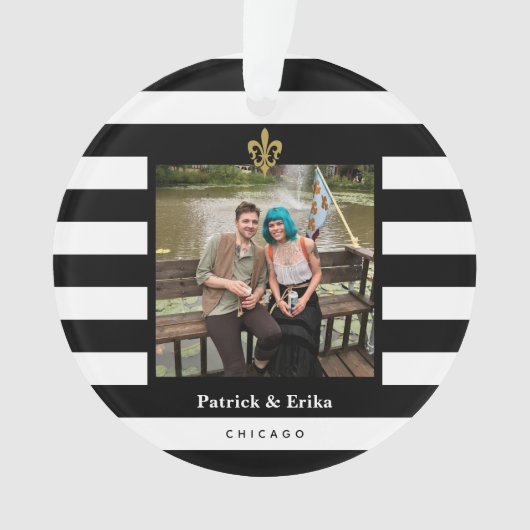 Black & White Stripes Fleur de Lis Photo Ornament (voorkant)