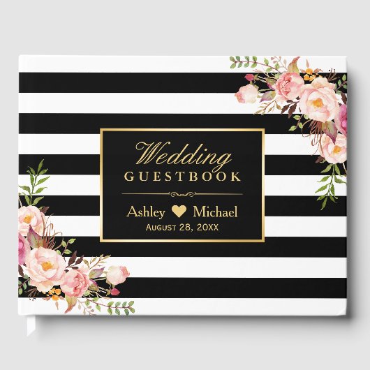 Black White Stripes Floral Wedding Gastboek Gastenboek (Voorkant)