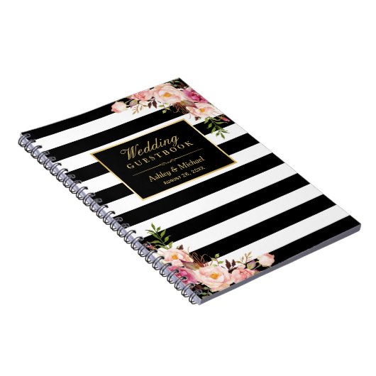 Black White Stripes Floral Wedding Guestbook Notitieboek (Rechterzijde)