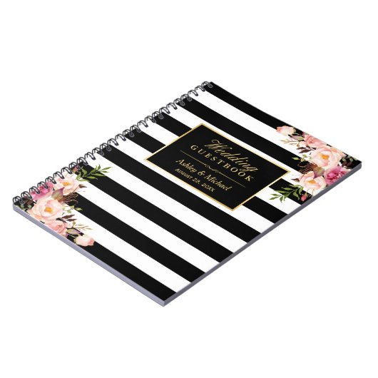 Black White Stripes Floral Wedding Guestbook Notitieboek (Linkerzijde)