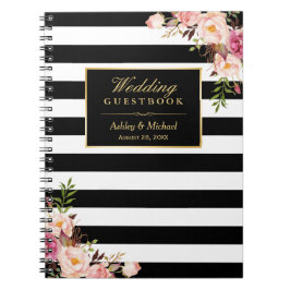 Black White Stripes Floral Wedding Guestbook Notitieboek