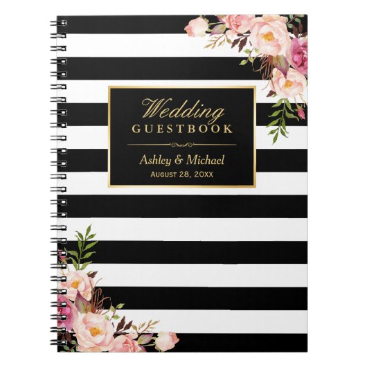 Black White Stripes Floral Wedding Guestbook Notitieboek (Voorkant)