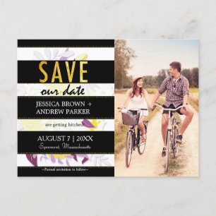 Black White Stripes Floral Wedding Save Our Date Aankondigingskaart