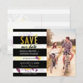 Black White Stripes Floral Wedding Save Our Date Aankondigingskaart (Voorkant / Achterkant)
