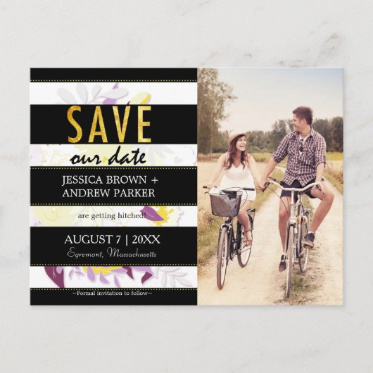 Black White Stripes Floral Wedding Save Our Date Aankondigingskaart (Voorkant)