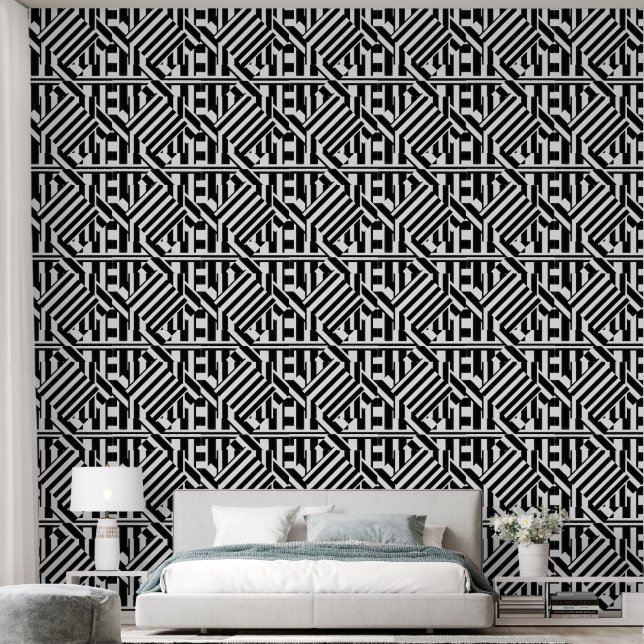 Black White Stripes Geo Behang (Slaapkamer)