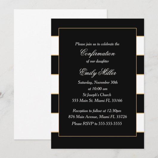 Black White Stripes Gold bevestiging uitnodiging (Voorkant / Achterkant)