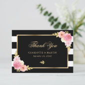 Black White Stripes Gold Blush Pink Floral Weddens Bedankkaart (Staand voorkant)