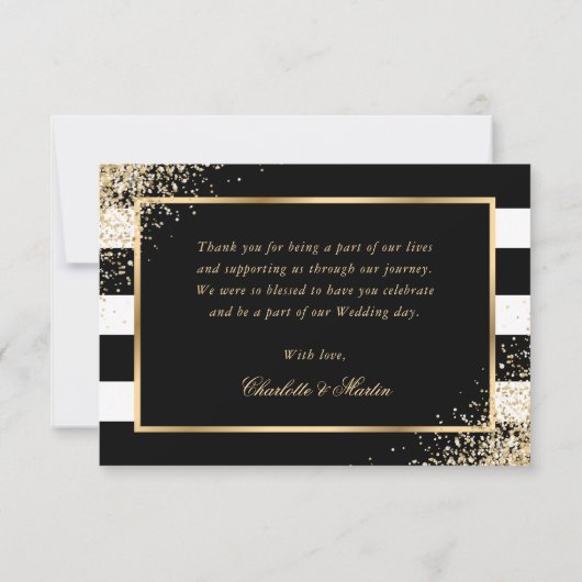 Black White Stripes Gold Blush Pink Floral Weddens Bedankkaart (Achterkant)