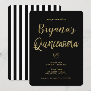 Black & White Stripes Gold Chic 15 Quinceañera Kaart