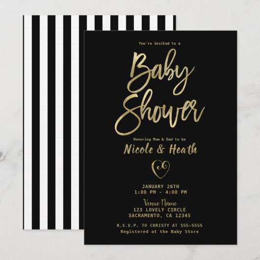 Black White Stripes Gold Chic-Baby shower Kaart (Voorkant / Achterkant)