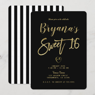 Black & White Stripes Gold Chic Modern Sweet 16 Kaart
