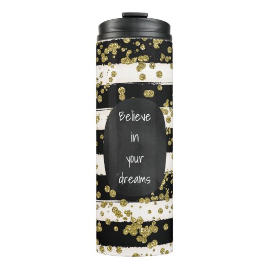 Black White Stripes Gold Confetti Thermosbeker (Voorkant)