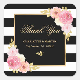 Black White Stripes Gold Floral Weddenschap Hartel Vierkante Sticker