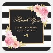 Black White Stripes Gold Floral Weddenschap Hartel Vierkante Sticker (Voorkant)
