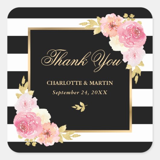 Black White Stripes Gold Floral Weddenschap Hartel Vierkante Sticker (Voorkant)