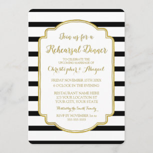 Black White Stripes Gold repesal Dinner Party Kaart