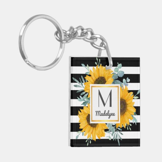 Black White Stripes Gold Sunflower - Aangepast Sleutelhanger (Voorkant Links)