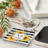 Black White Stripes Gold Sunflower - Aangepast Sleutelhanger (Voorkant Rechts)