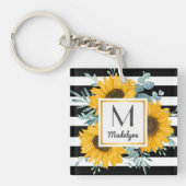 Black White Stripes Gold Sunflower - Aangepast Sleutelhanger (Voorkant)