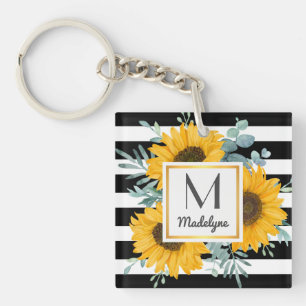 Black White Stripes Gold Sunflower - Aangepast Sleutelhanger