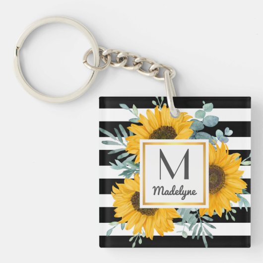 Black White Stripes Gold Sunflower - Aangepast Sleutelhanger (Voorkant)