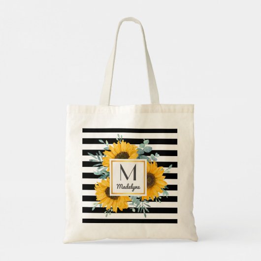 Black White Stripes Gold Sunflower - Aangepast Tote Bag (Achterkant)