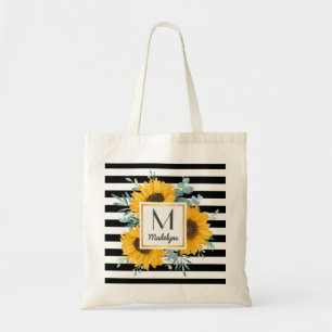 Black White Stripes Gold Sunflower - Aangepast Tote Bag