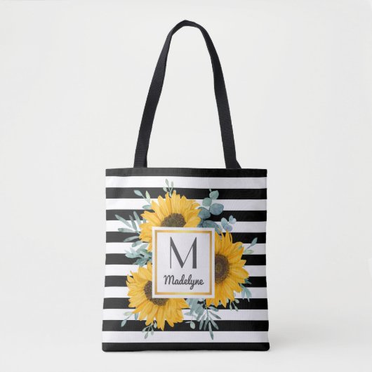 Black White Stripes Gold Sunflower - Aangepast Tote Bag (Voorkant)