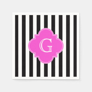 Black White Stripes, hot-roze Quatrefoil monogram Servet