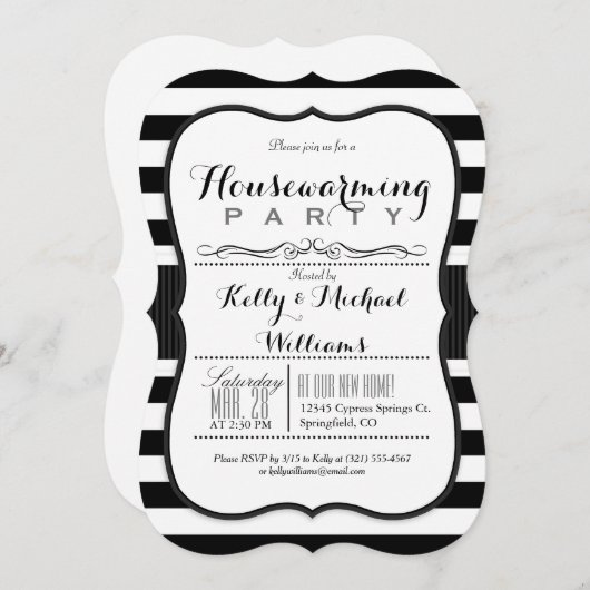 Black & White Stripes Housewarming Party Kaart (Voorkant / Achterkant)