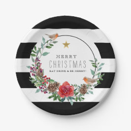 Black & White Stripes Kerstmis Robin Wreath Papieren Bordje