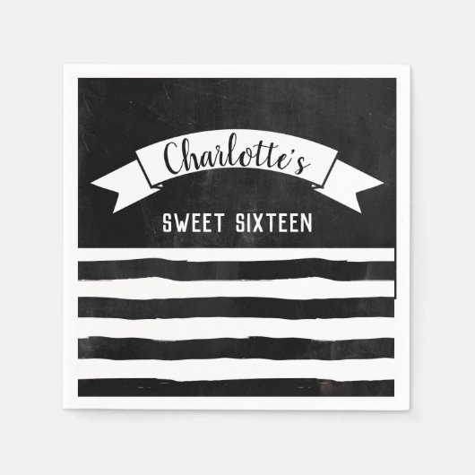 Black & White Stripes Krijtbord Modern Sweet 16 Servet (Voorkant)