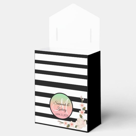 Black White Stripes Monogramm Floral Bedankdoosjes (Geopend)