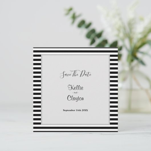 Black/White Stripes omhuld huwelijk bewaart de dat Save The Date (Staand voorkant)