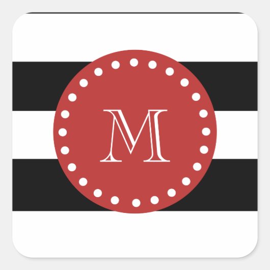 Black White Stripes Pattern, Red Monogram Vierkante Sticker (Voorkant)