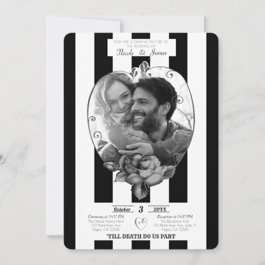 Black White Stripes Photo Marriage Gothic Wedding Kaart (Voorkant)