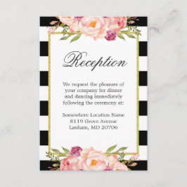 Black White Stripes Pink Floral Wedding Reception Informatiekaartje