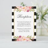 Black White Stripes Pink Floral Wedding Reception Informatiekaartje (Staand voorkant)