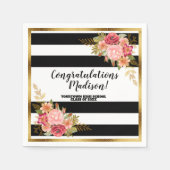 Black White Stripes Pink Gold Floral Afstuderen Servet (Voorkant)