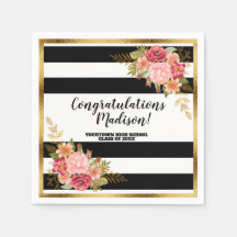 Black White Stripes Pink Gold Floral Afstuderen