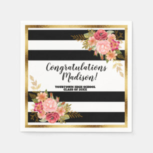 Black White Stripes Pink Gold Floral Afstuderen Servet