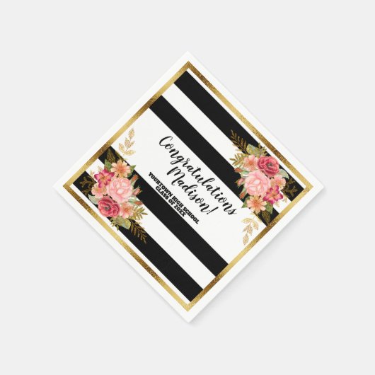 Black White Stripes Pink Gold Floral Afstuderen Servet (Hoek)