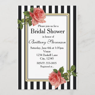 Black White Stripes Pink Roses  Invitation Kaart