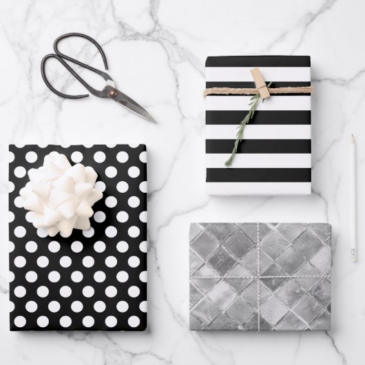 Black White Stripes Polka Dots Silver Foil Inpakpapier Vel (Voorkant)
