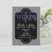 Black White Stripes Purple Gothic Bat Wedding Kaart (Staand voorkant)