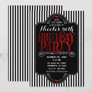 Black White Stripes Red gothic Bat Birthday Party Kaart