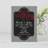 Black White Stripes Red gothic Bat Wedding Kaart (Staand voorkant)