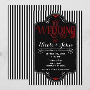 Black White Stripes Red gothic Bat Wedding Kaart