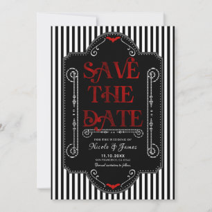 Black White Stripes Red gothic Bat Wedding Save The Date